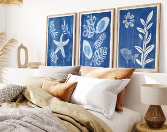 Conjunto de 3 láminas de arte costero - Decoración náutica azul marino de Matisse - Arte mural oceánico moderno