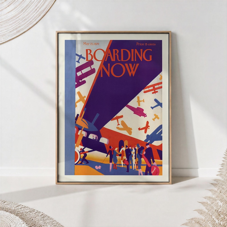 Travellers boarding a plane under bold BOARDING NOW lettering in orange, purple and blue Art Deco shapes