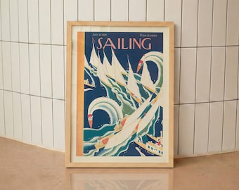 Vintage Sailing Poster, Nautical Wall Art, Retro Boat Print, Mid Century Coastal Decor