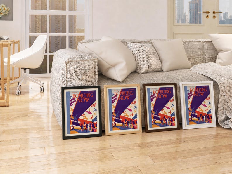 Boarding Now Airplane displayed as a framed print in three frame colours