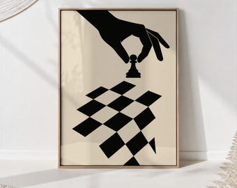 Minimalist Chess Poster | Black White Abstract Pawn Move Art | Modern Strategy Wall Decor
