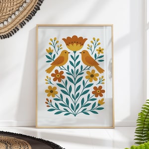 Folk Art Bird Wall Art Print, Mid-Century Botanical Floral Poster, Warm Scandinavian Decor