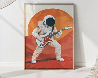 Astronaut With Guitar Print — Retro Space Rock Wall Art for Music Decor