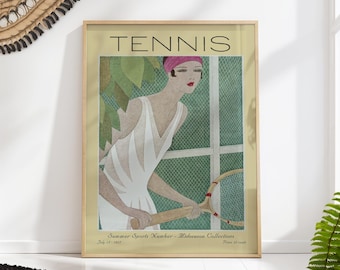 Vintage Tennis Fashion Print, 1920s Summer Sports Poster, Retro Art Deco Wall Art