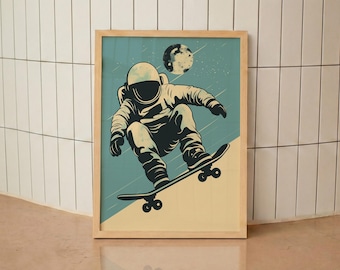 Astronaut Skateboarder Art Print: Unique Space Wall Decor