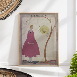 The Sparrow Fashion Poster, Vintage Pink Dress Print, Retro Art Nouveau Wall Art