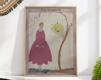 The Sparrow Fashion Poster, Vintage Pink Dress Print, Retro Art Nouveau Wall Art