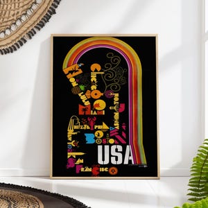 USA Typography Map Poster – Colorful City Name Art Print, Retro Travel Wall Decor