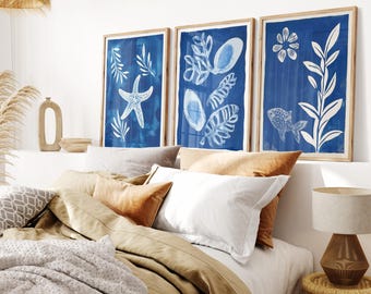 Juego de láminas de arte costero de Matisse: decoración de pared náutica en azul marino.