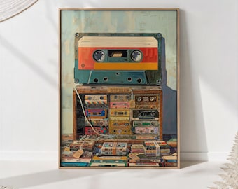 Retro Music Cassette Tape Art Print - Music Studio Decor 80s Style