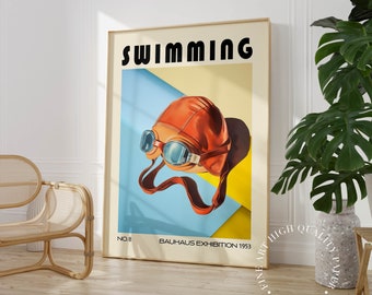 Bauhaus Swimming Poster, Retro Exhibition Wall Art, Mid-Century Modern Pool Decor PRINTED on Fine Art Paper