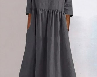 Vintage O-Ausschnitt Halbarm Kleid, Baumwollkleid, Damen Sommer Mitte der Wade Länge Robe Casual Holiday Sommerkleid.