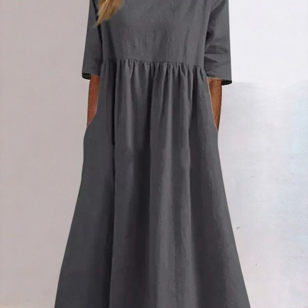 Vintage O-Ausschnitt Halbarm Kleid, Baumwollkleid, Damen Sommer Mitte der Wade Länge Robe Casual Holiday Sommerkleid.