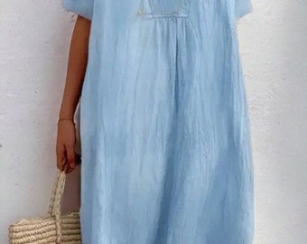 Stilvolles Leinenkleid mit V-Ausschnitt für den Sommer, trendige Damenmode, Kurzarm, lässige lockere Passform, komfortabler, schicker Look, Baumwoll-Leinenbekleidung.