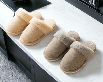 Women's Warm Fur Slippers, Warm winter Slippers, Brown and Grey, Cozy Slippers for home, Comfy Slippers, Cotton House Shoes