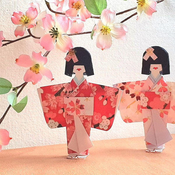 Poupées en origami, poupée en papier japonaise faite main, figurine miniature, kimono traditionnel, yuzen washi, chiyogami, décoration cadeau unique charms hime geisha