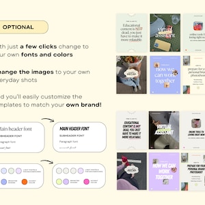 Op de afbeelding: Een grafisch ontwerp sjabloon voor social media berichten met een roze, paarse en gele kleurschema. De sjabloon bevat tekst die zegt "Educatieve content is niet dood, je moet het gewoon relevanter maken." en "Virtuele Assistent".