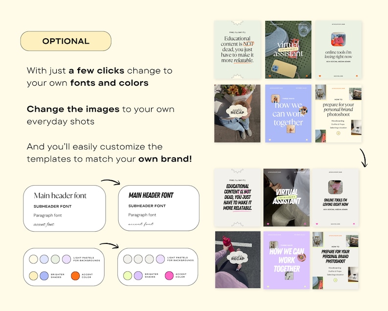 Op de afbeelding: Een grafisch ontwerp sjabloon voor social media berichten met een roze, paarse en gele kleurschema. De sjabloon bevat tekst die zegt "Educatieve content is niet dood, je moet het gewoon relevanter maken." en "Virtuele Assistent".