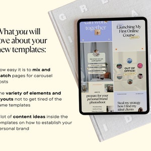 Op de afbeelding: Een tablet-scherm met een mockup van negen Instagram-carrouselberichten met verschillende ontwerpen en tekst. De tekst omvat "Can work together", "Launching My First Online Course", "This is how we can work together", "Out of Office", "How to prepare for your personal brand photoshoot", en "Steal my strategy how I find my ideal clients".