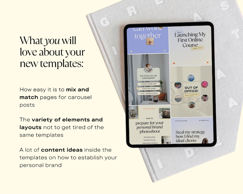 Op de afbeelding: Een tablet-scherm met een mockup van negen Instagram-carrouselberichten met verschillende ontwerpen en tekst. De tekst omvat "Can work together", "Launching My First Online Course", "This is how we can work together", "Out of Office", "How to prepare for your personal brand photoshoot", en "Steal my strategy how I find my ideal clients".