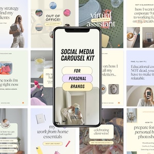 Op de afbeelding: Een social media carrouselkit voor persoonlijke merken en bedrijven. De kit bevat negen verschillende sjablonen met tekstoverlays en afbeeldingen. De tekst bevat zinnen als "Stel mijn strategie voor", "Online tools die ik nu gebruik", "Mijn thuiswerk essentials", "Vier klantwinst!" en "Hoe je je voorbereidt op je persoonlijke merkfotoshoot".
