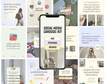 May include: A social media carousel kit for personal brands and businesses. The kit includes nine different templates with text overlays and images. The text includes phrases like "Steal my strategy", "Online tools I'm loving right now", "My work from home essentials", "Celebrating client wins!" and "How to prepare for your personal brand photoshoot".