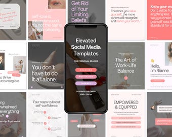 May include: A phone screen displaying a set of social media templates for personal brands. The templates are designed for Canva and are 1080 x 1350 pixels. The templates feature a pink and black colour scheme and include text such as "Elevated Social Media Templates", "Coaching", "Motivation", "Therapy", and "Designed for Canva".