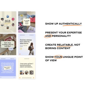 Op de afbeelding: Een collage van afbeeldingen met tips voor het cre&euml;ren van authentieke en boeiende content. De tekst omvat "Wees authentiek", "Presenteer je expertise en persoonlijkheid", "Maak relevante, niet saaie content" en "Toon je unieke perspectief".