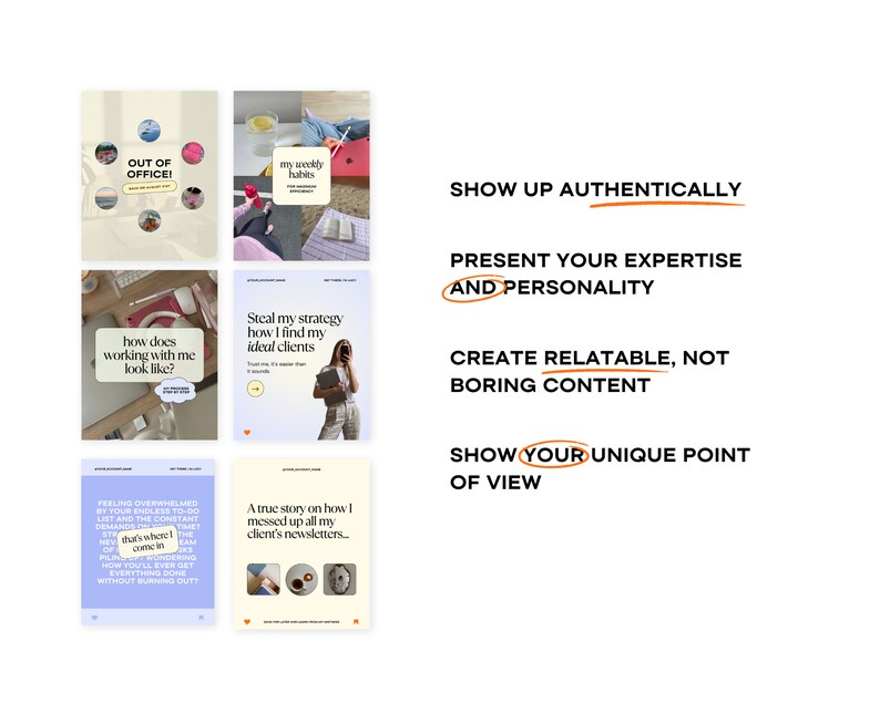 Op de afbeelding: Een collage van afbeeldingen met tips voor het cre&euml;ren van authentieke en boeiende content. De tekst omvat "Wees authentiek", "Presenteer je expertise en persoonlijkheid", "Maak relevante, niet saaie content" en "Toon je unieke perspectief".