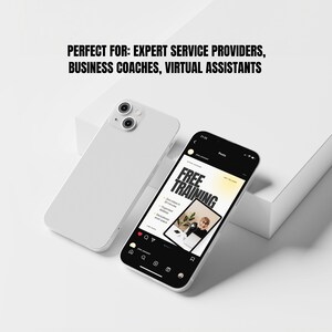May include: A white smartphone mockup with a black screen displaying a social media post advertising free training. The post features a woman sitting at a desk with a laptop and a plant. The text on the post reads "FREE TRAINING".