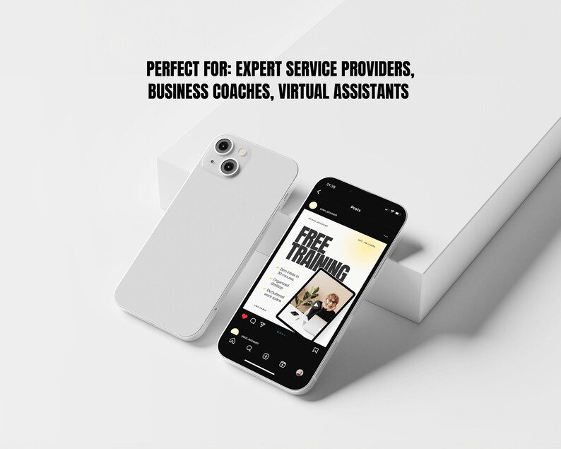 May include: A white smartphone mockup with a black screen displaying a social media post advertising free training. The post features a woman sitting at a desk with a laptop and a plant. The text on the post reads "FREE TRAINING".