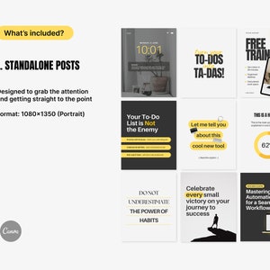 May include: A set of nine social media post templates with a black and yellow color scheme. The templates feature text such as "Turn your To-Dos into Ta-Das!" and "Don't underestimate the power of habits".