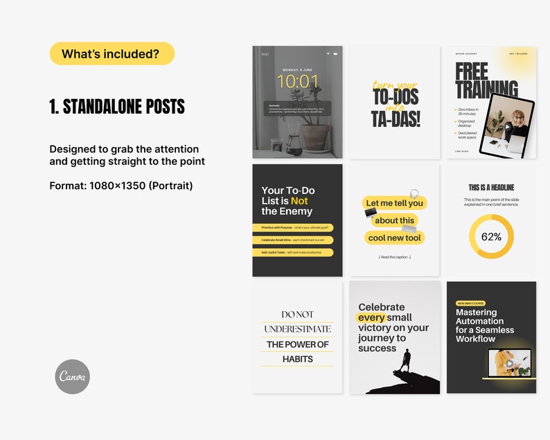 May include: A set of nine social media post templates with a black and yellow color scheme. The templates feature text such as "Turn your To-Dos into Ta-Das!" and "Don't underestimate the power of habits".