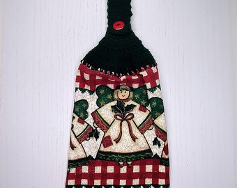 Ściereczka kuchenna w stylu vintage z aniołkiem świątecznym na szydełku – półbawełniana ściereczka kuchenna z recyklingu