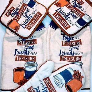 Good Coffee Good Friends Crochet Top Hanging Towel Set | Coffee Kitchen Decor | Pot Holders & Oven Mitt | Coffee Lover Gift