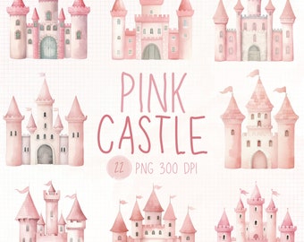 Watercolor Pink Castle Clipart, Fairytale Nursery Art (PNG)