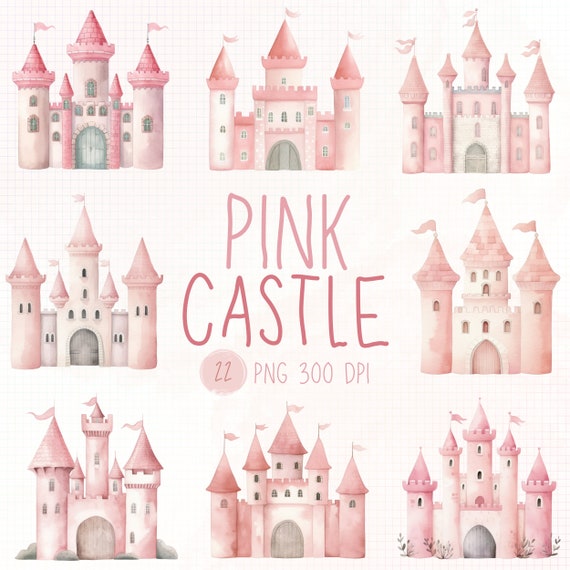 Watercolor Pink Castle Clipart, Fairytale Nursery Art (PNG)
