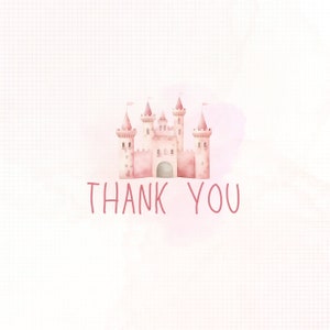Peut inclure: Illustration &agrave; l'aquarelle d'un ch&acirc;teau rose avec plusieurs tourelles et drapeaux blancs. Le texte "THANK YOU" est &eacute;crit en rose, dans un style manuscrit, en dessous du ch&acirc;teau sur fond blanc avec un lavis rose.