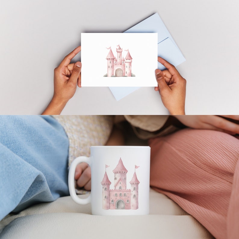 Peut inclure: Une tasse blanche et une carte de v&oelig;ux avec une illustration &agrave; l'aquarelle d'un ch&acirc;teau rose avec des drapeaux. Le ch&acirc;teau a plusieurs tourelles et des portes cintr&eacute;es. La carte est tenue dans les mains, et la tasse est sur une surface blanche.