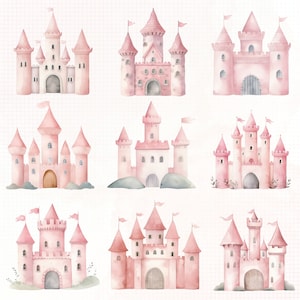 Peut inclure: Illustrations &agrave; l'aquarelle de ch&acirc;teaux roses avec des tours, des drapeaux et des portes arqu&eacute;es. Les ch&acirc;teaux varient en design, certains avec plusieurs tourelles et d'autres avec des structures simples. L'&oelig;uvre a une ambiance douce et fantaisiste, id&eacute;ale pour la d&eacute;coration enfantine.