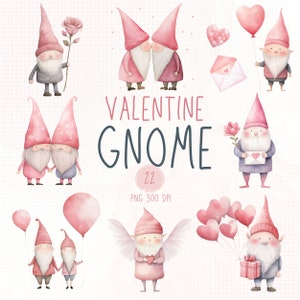 Clipart de gnomos rosa do dia dos namorados, pacote de gnomos românticos em aquarela, caracteres mínimos, dia dos namorados png