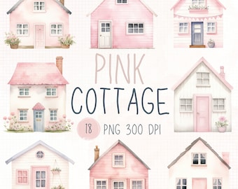 Watercolor Pink Cottage Clipart, Tiny House PNG (Digital Download)