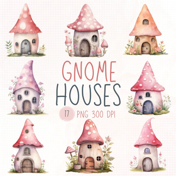 Watercolor gnome house png, Pink fairy house clipart, fairy garden houses, garden gnome clipart, mushroom house, gnomes clipart