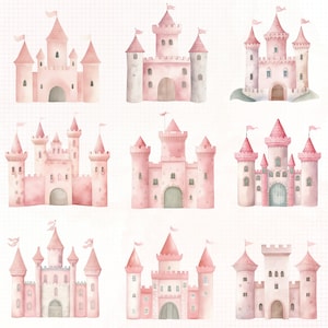 Peut inclure: Illustration &agrave; l'aquarelle de neuf ch&acirc;teaux roses aux designs architecturaux vari&eacute;s. Chaque ch&acirc;teau est orn&eacute; de tourelles, de drapeaux et de portes cintr&eacute;es. Les ch&acirc;teaux se d&eacute;tachent sur un fond blanc avec un motif quadrill&eacute; subtil, cr&eacute;ant une esth&eacute;tique f&eacute;erique.