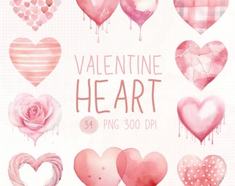 Watercolor Pink Heart Clipart, Valentine's Day PNG (Digital Download)