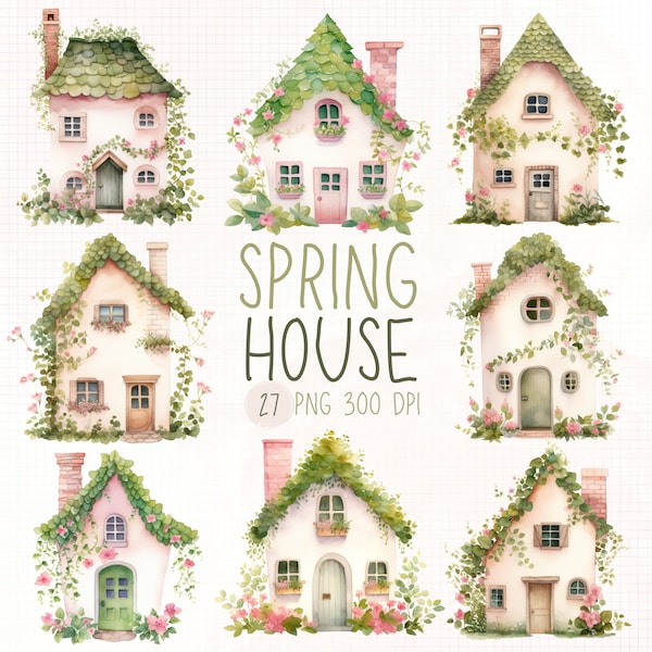 Watercolor Spring house clipart, hello spring png, Floral house watercolor clipart, garden house png, cute house clipart, Spring cottage png