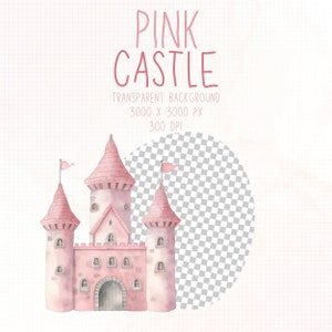 Peut inclure: Illustration &agrave; l'aquarelle d'un ch&acirc;teau rose avec trois tours, des drapeaux et une entr&eacute;e vo&ucirc;t&eacute;e. Le texte "PINK CASTLE" est au-dessus du ch&acirc;teau, avec les dimensions de l'image en dessous.