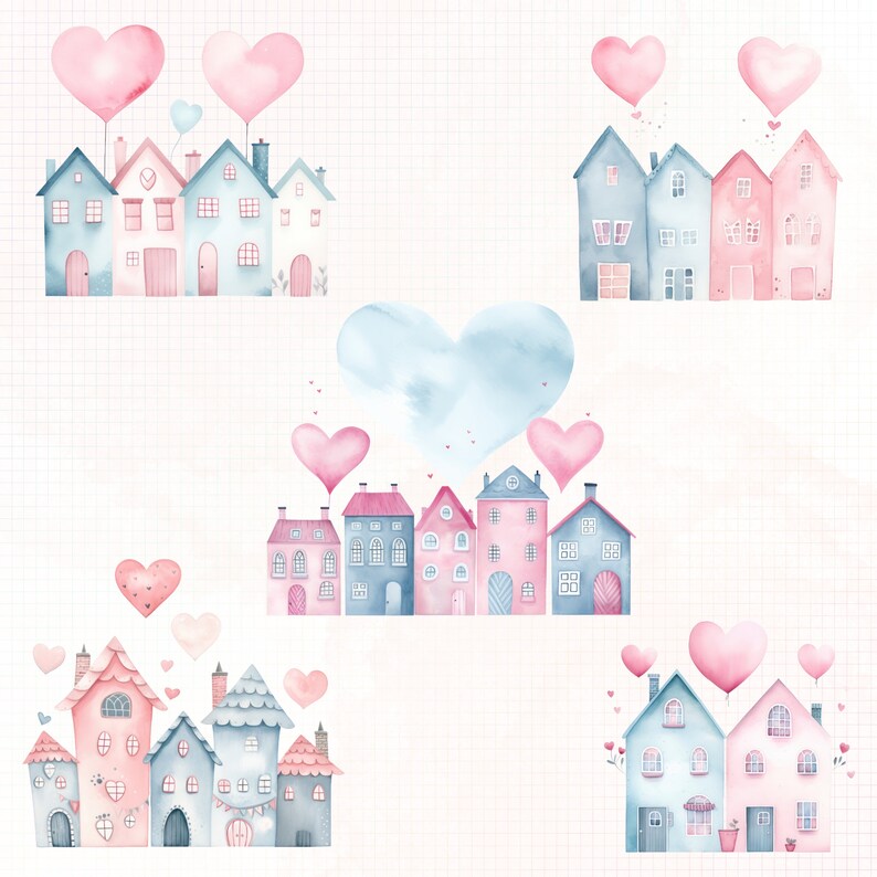 Watercolor Valentine Houses Clipart, Pink Whimsical PNG (digital ...