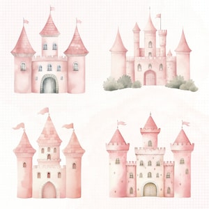 Peut inclure: Illustration &agrave; l'aquarelle de quatre ch&acirc;teaux roses avec des tourelles, des drapeaux et des portes cintr&eacute;es rouge-rose. Les ch&acirc;teaux ont plusieurs tours et fen&ecirc;tres, sur un fond doux &agrave; motifs quadrill&eacute;s. Le th&egrave;me g&eacute;n&eacute;ral est le conte de f&eacute;es et la fantaisie.