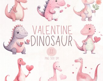 Aquarell-Dinosaurier-Valentinstags-Clipart, niedliche rosa Dinosaurier (PNG)